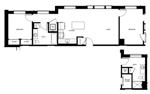A floor plan of a house with two bedrooms, a living room, a kitchen, a bathroom, a closet, and a garage.